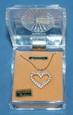 Vintage Abruzzi Italiano Heart Shaped Cubic Zirconia Necklace In Box NOS