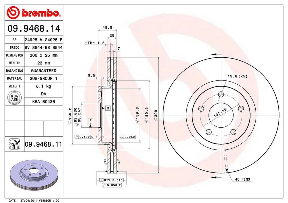 Rotor de freio a disco dianteiro Brembo 09.9468.11 300mm para 2008-2013 Volvo C30 - Imagem 3 de 4