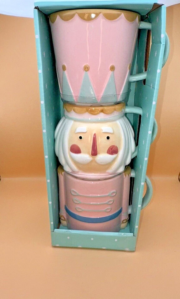 3pc Pastel Nutcracker Stacking Mug Set Ceramic Christmas Pinkmas Viral Tiktok - Image 2 of 4