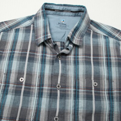 Kuhl Skorpio Shirt Men Medium Blue Gray Plaid Linen Blend Breathable Pockets