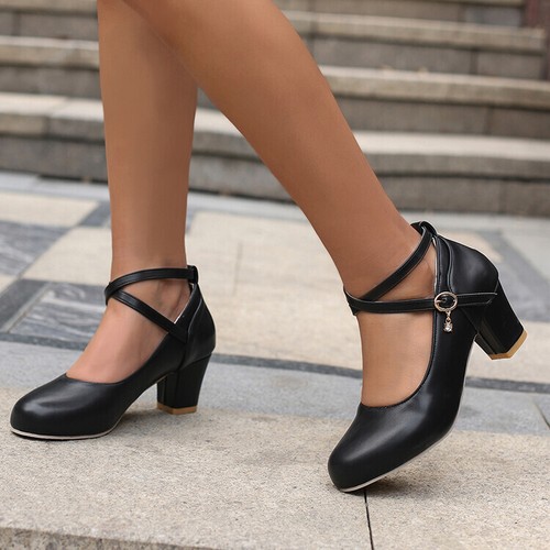 Women's Mary Jane Block Heel Pumps Cross Ankle Strap Comfort Dress Office Shoes - Imagen 12 de 17