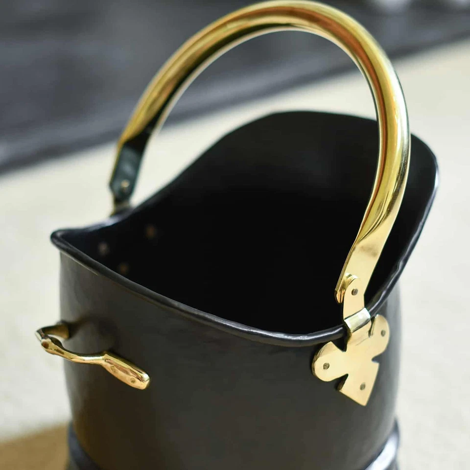 Polished Brass & Black Iron Traditional Fireplace Coal Bucket Coal Scuttle - Image 3 of 4