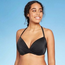 Women's Lightly Lined Twist-Front Bikini Top - Shade Shore Black Size 34B