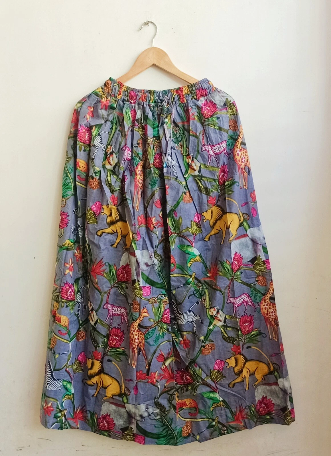 Indian Grey Animal Print Skirt Yellow Cotton Long Skirt Free Size Beach wear AU