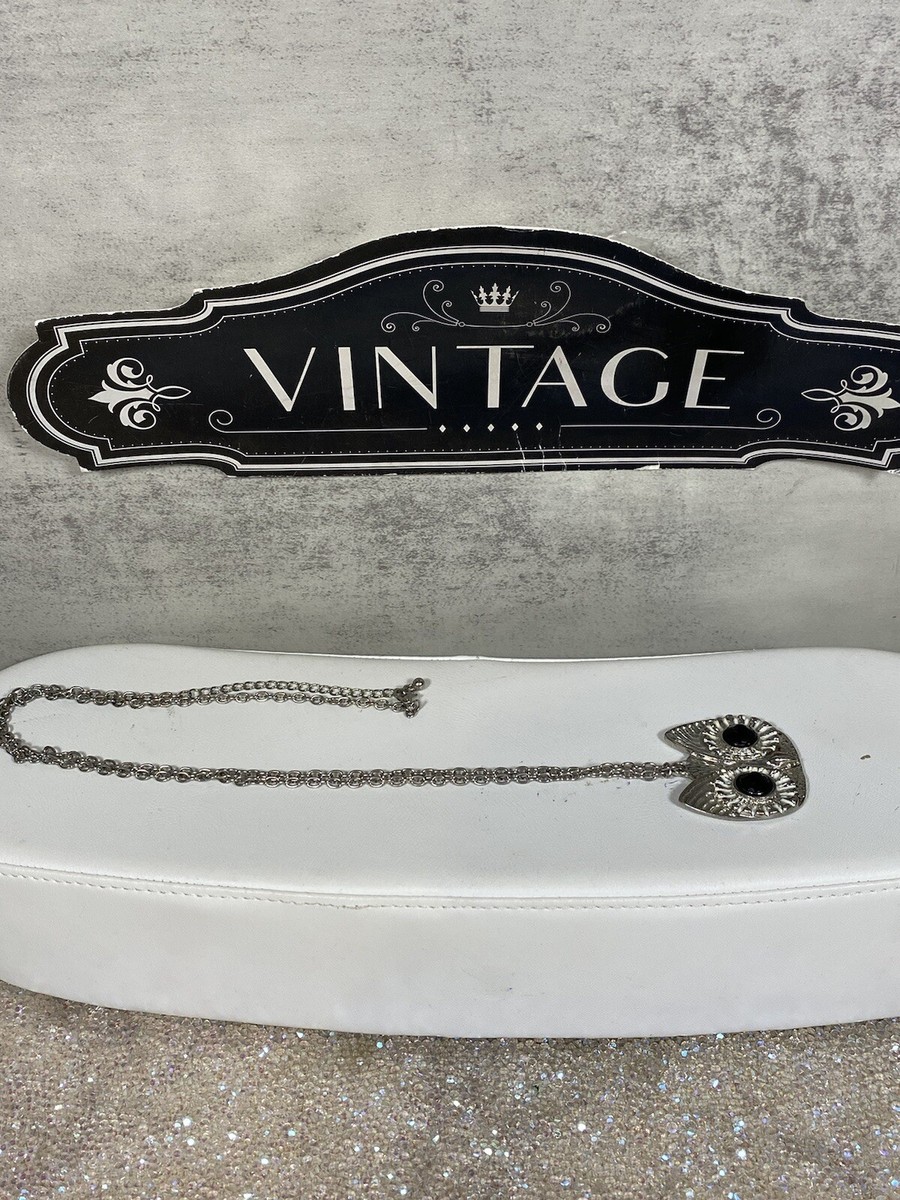 Vintage 1980s Moonstone Owl Pendant 15” Necklace Black Eyes, White