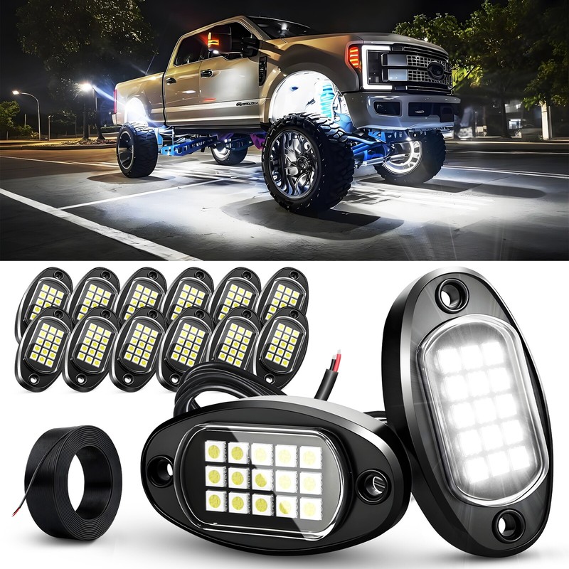 12 Pods LED Rock Lights for Trucks Underglow Wheel Well Light 6000K Pure White