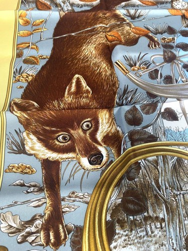 Hermes Scarf CHASSE au BOIS 90 cm Silk yellow Carre fox rabbit 35" - Picture 5 of 9