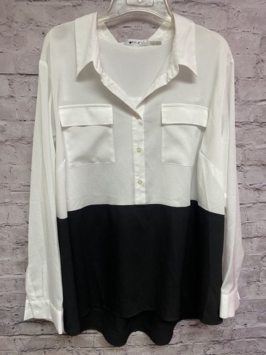 Calvin Klein Women’s Blouse Long Sleeve Black White Color Block Size 2X