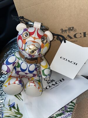 New Coach Signature C Rainbow Bear Novelty Leather Keychain Bag Charm CJ953