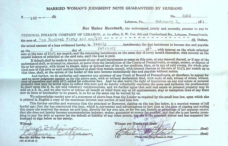 Lebanon PA 1931 Contract Bill Sale Document Collection Married Woman's