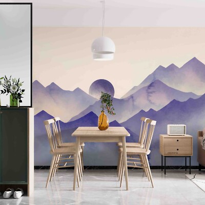 3D Watercolor Purple Mountains Sun Wall Murals Wallpaper Murals Wall Sticker