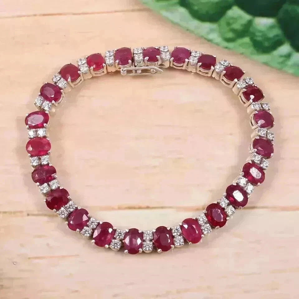 8ct Oval Cut Lab Created Ruby 14K WhiteGold Plated Tennis Bracelet ForWomen's 7" - Image 3 of 4