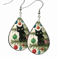 Christmas Black Cat in Tree Teardrop Earrings Wood Dangle Holiday Jewelry & Gift