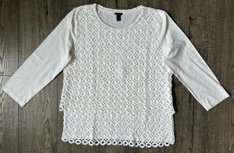 J Crew Lace Top Womens S Off-white Circle Design Lace Layered 3/4 Sleeve T-Shirt