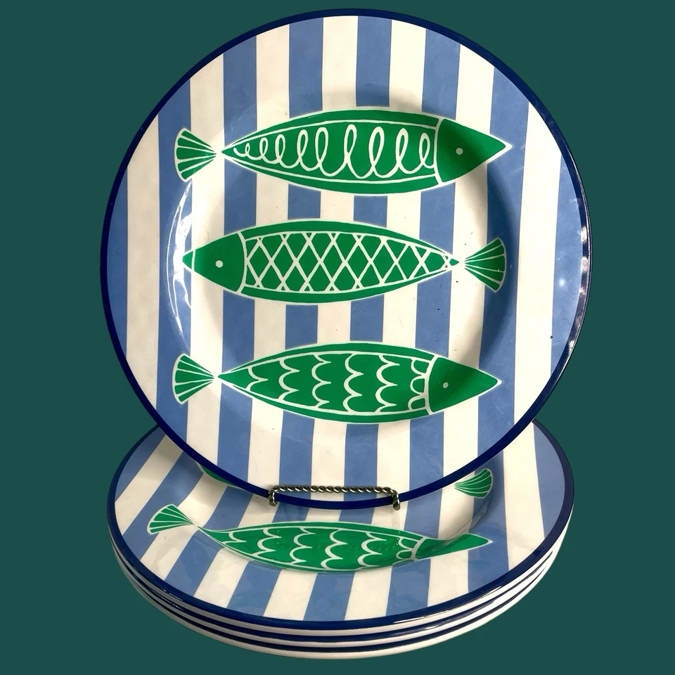 Cynthia Rowley Melamine Dinner Plates green fish blue stripes 11" nautical - Image 3 of 3