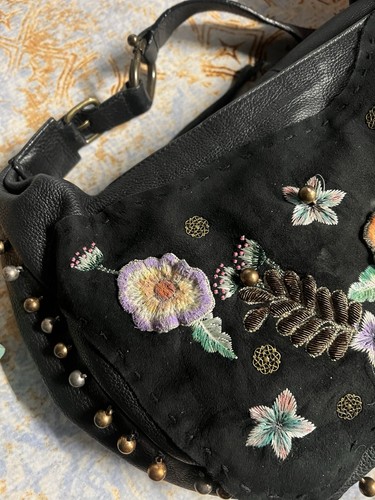Francesco Biasia schwarz Leder Wildleder handbemalt Blumen Schulter Handtasche - Bild 3 von 16