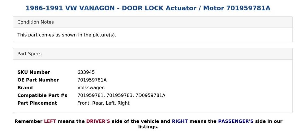 1986-1991 VW VANAGON - DOOR LOCK Actuator / Motor 701959781A - Image 4 of 4