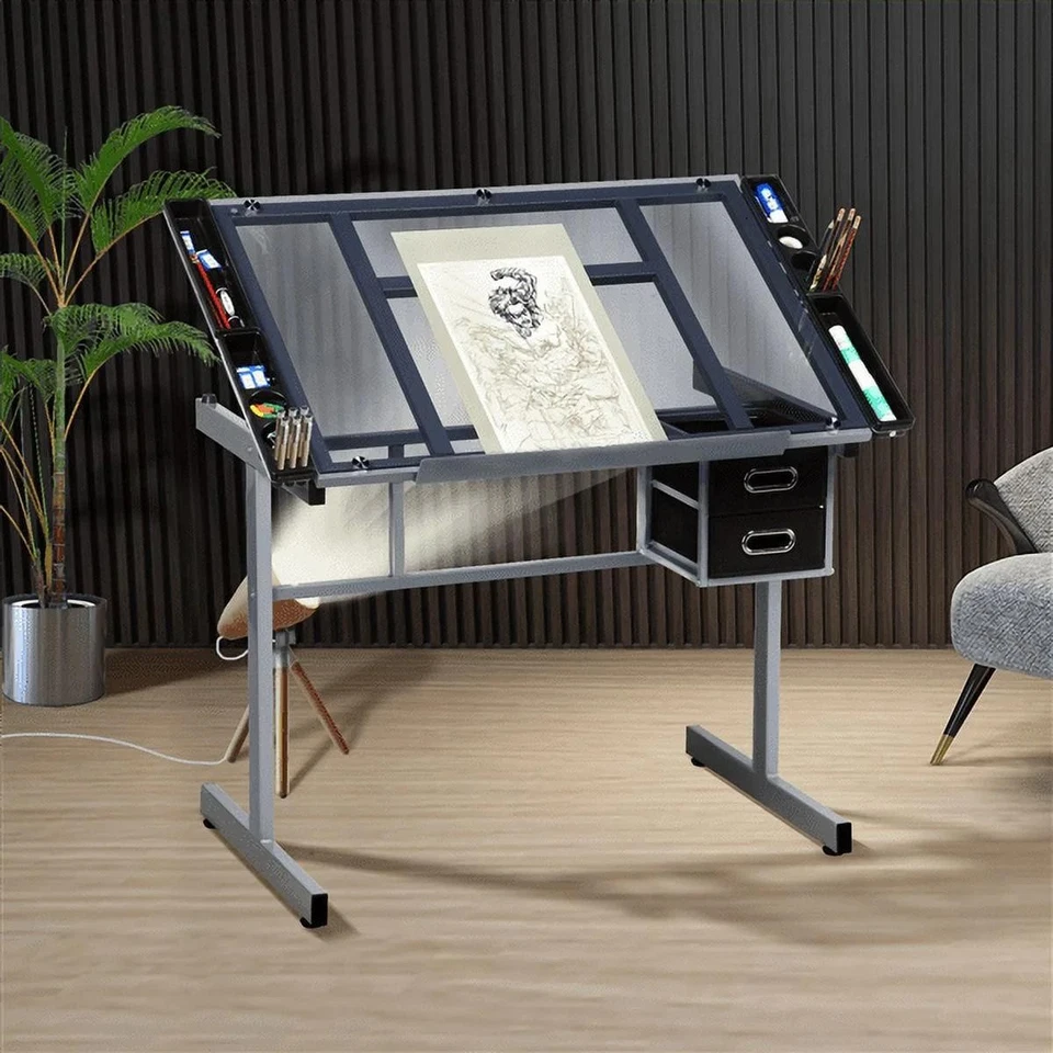 Modern Glass Top Drafting Table For Artists Designers Crafts Students Adjustable - Image 3 of 4