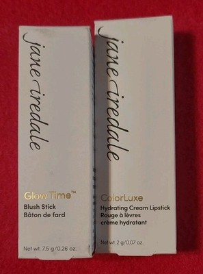 JANE IREDALE LOT OF 2 ITEMS BLUSH GLORIOUS & COLORLUXE LIPSTICK SCARLET NIB