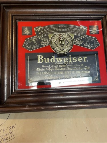 VTG Budweiser Mirror Sign Beer Wood Frame  21.25x17.5" Wonderful Condition