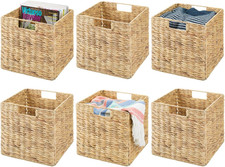 Natural Woven Hyacinth Cube Baskets with Handles - 6 Pack for Storage