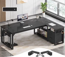 71" Executive Desk with Power Outlets, Modern L Shaped Office Desk with File Dr