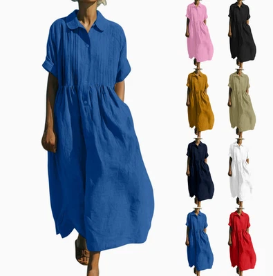 Women Lapel Collar Button Front Ruched Short Sleeve Loose Cotton Midi Maxi Dress - Image 1 of 4
