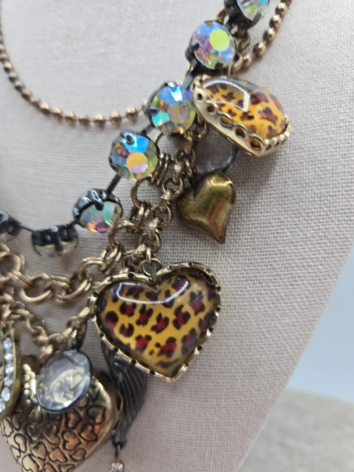 BETSEY JOHNSON Leopard Lucite Puffy Heart Crystal Multi Strand Charm Necklace  - Image 4 of 4