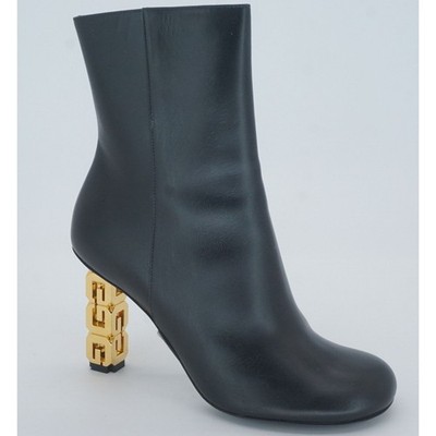 Givenchy Black G Cube Leather Round Toe Ankle Booties SZ 37 Gold Logo Heel $1400