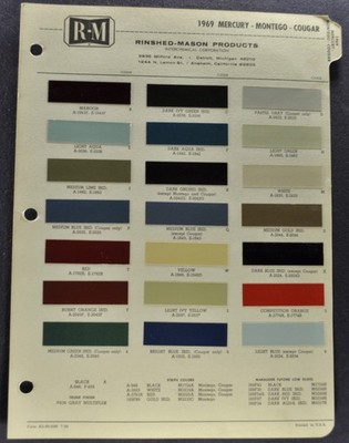 1969 Mercury Paint Chip Colors Sheet Cougar Cyclone Marquis Monterey Montego