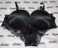 NEW Victoria's Secret Bombshell Plunge Bra Black Satin 38C & Cheeky Set Large VS