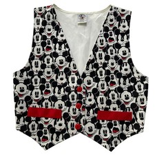 VTG 90s Disney Mickey Co Vest S/M Retro AOP Maximalist Pop Art Cartoon USA