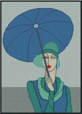 Art Deco Lady with Blue Umbrella Counted Cross Stitch Chart  No.32-111