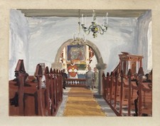 Interno chiesa con persone anonimo guazzo 36 x 45 cm studio schizzo antico 