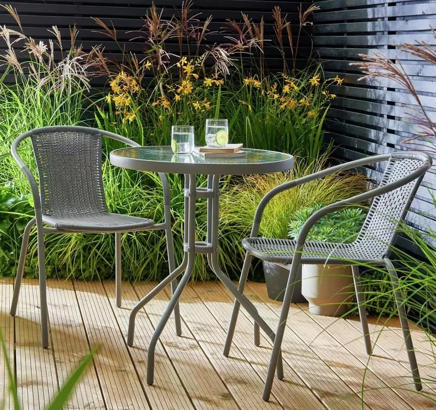 3 Piece Grey Rattan Bistro Set Table Chairs Patio Outdoor Garden Furniture