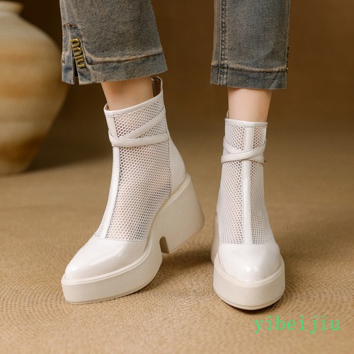 Damen Netz Mesh Stiefeletten Plateau Keilabsatz High Heel Schuhe glänzendes Leder OL - Bild 8 von 18