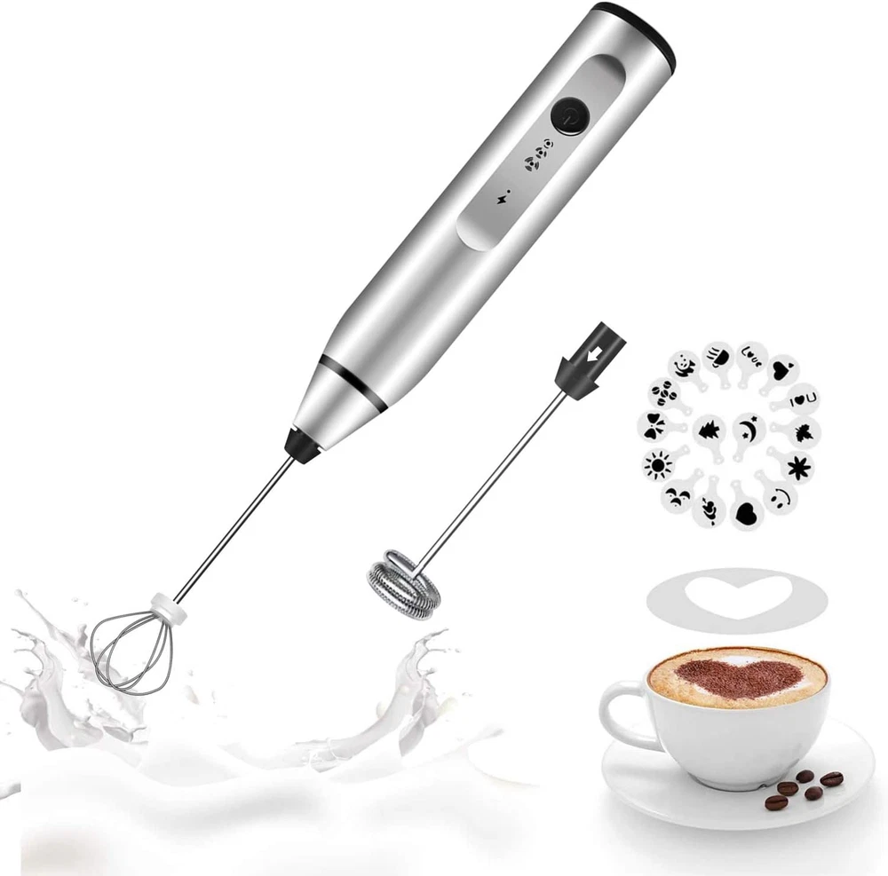 Milk Frother Handheld,  Rechargeable Whisk Drink Mixer for Coffee with Art Stenc
