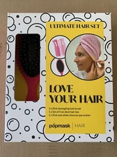 Popmask Ultimate Hair Set Detangling Pink Hair Brush With Hair Ties & Turban