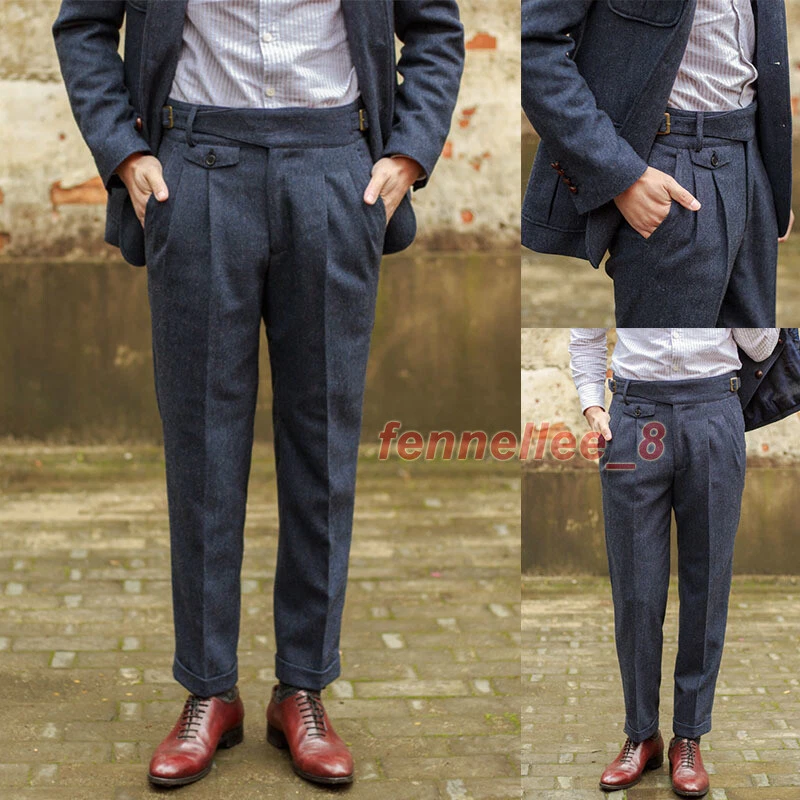 Men Wool Blend Herringbone Gurkha Pants Tweed Suit Pants Casual Straight Trouser
