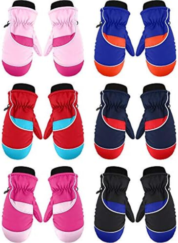 6 Pair Kids Winter Snow Mittens Waterproof Warm Ski Gloves Unisex Gloves for Col