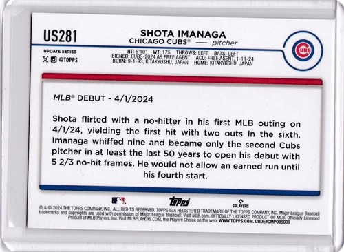 Shota Imanaga RAINBOW FOIL ROOKIE CARD 2024 Topps Update #US281 Cubs - Picture 2 of 5