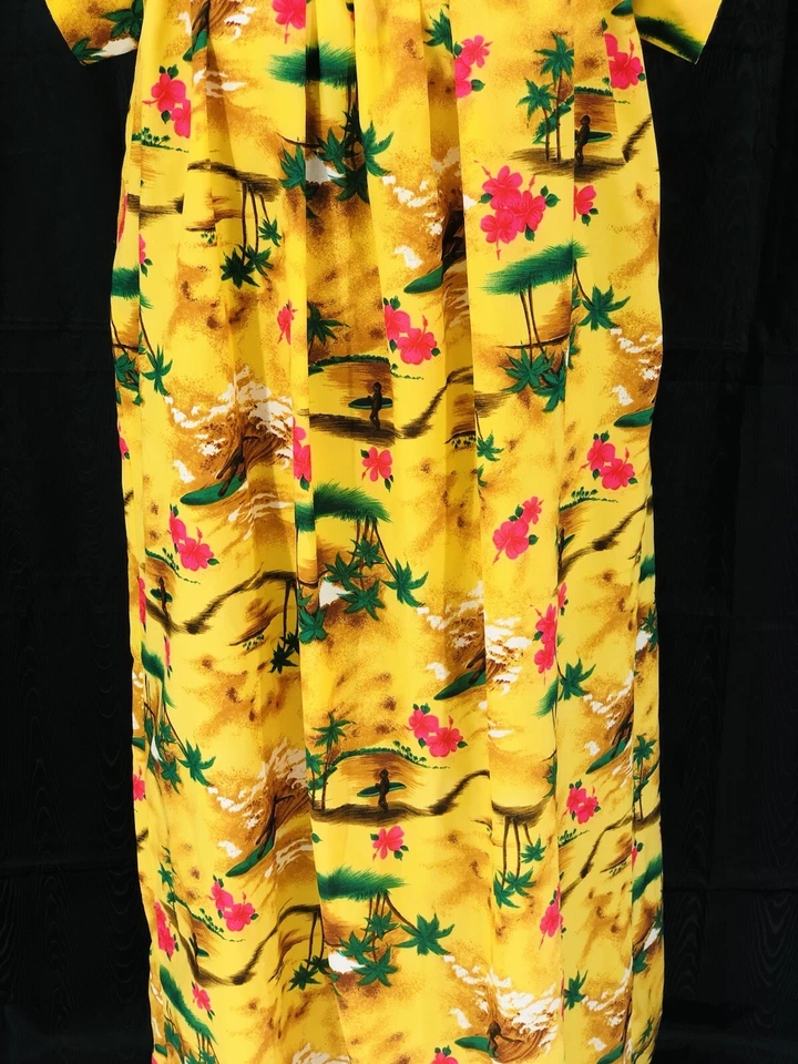 Vintage 1980’s Hawaiian Mumu Maxi Dress Size 10 Yellow Surfers Palm Trees - Изображение 3 из 4
