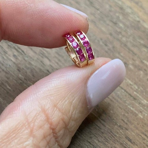 1.20Ct Round Cut Created Ruby Women's Huggie Hoop Earring 14k Yellow Gold Finish - Picture 2 of 5