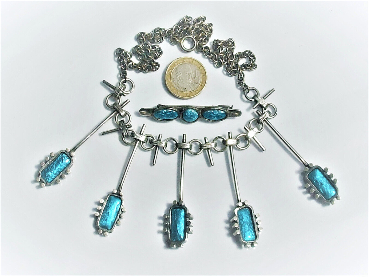 Collier Vintage En Métal Argenté Avec Pierres Bleues - Bijou Ancien Et Unique
