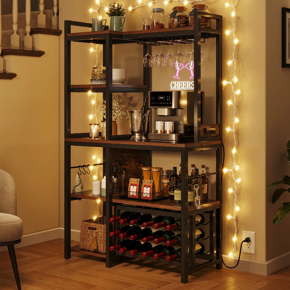 5 Tiers Wine Rack Table Bakers Rack with Wine Storage Shelves & Glass Holders - Image 4 of 4