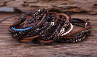 G108  Lot 4pc Surfer Casual Hemp Leather Bangle Bracelet Cuff Mens Cool Skulls