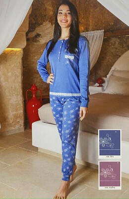 PIGIAMA DONNA CALDO COTONE ARCTE INVERNALE MANICA LUNGA A FIORI BLU ROSA 020