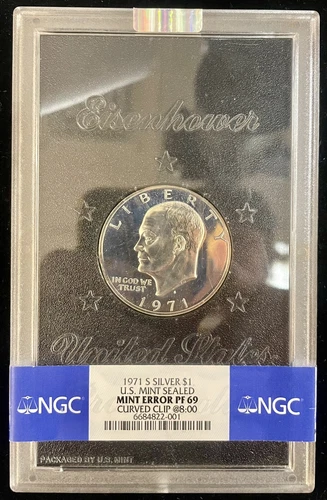 1971-S Silver $1 Ike U.S Mint NGC Sealed Mint Error PF 69 Curved Clip @ 8:00