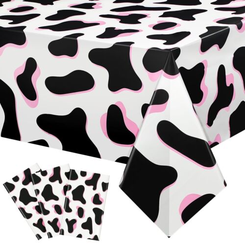 Tiamon 3 Pcs Pink Cow Print Tablecloth 108 x 54 Inch Cow Birthday Party Table...