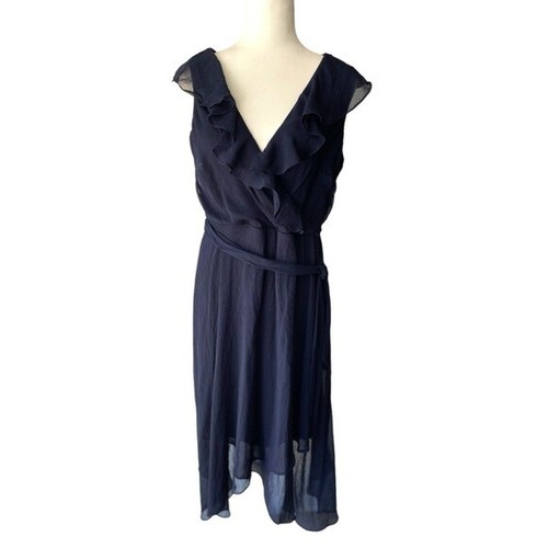 DNKY Vestido Azul Encaje Informal Verano Cinturón Volantes Alto Bajo Vestido, Talla 10 - Imagen 5 de 9